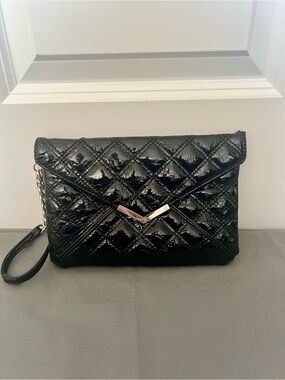 Express Black Quilted Patent Envelope Clutch with Chain Wristlet